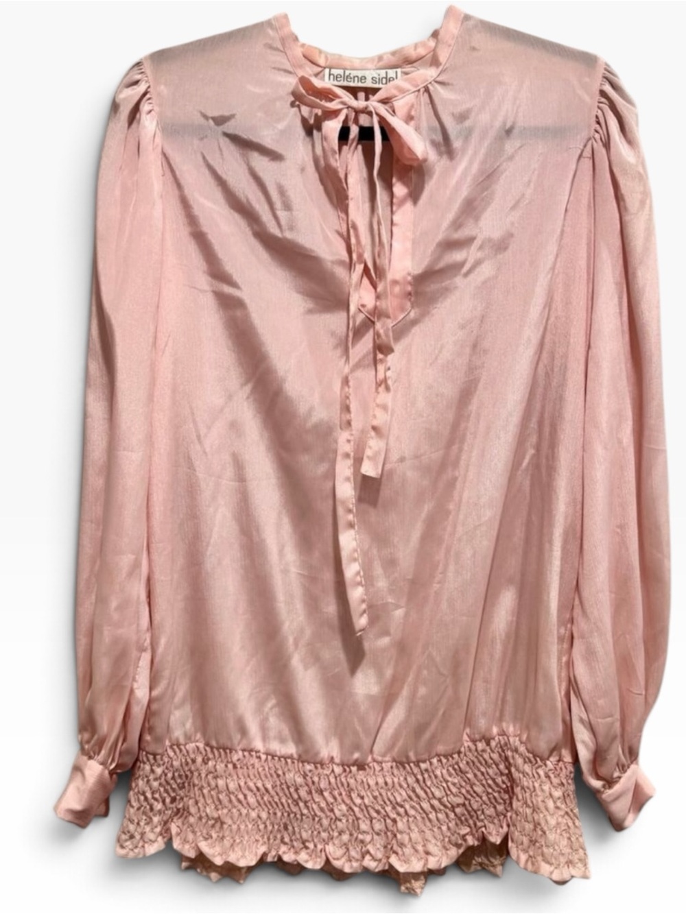 Vintage Pink Tie Neck Secretary Blouse Smocked Ruffle Hem Size 8